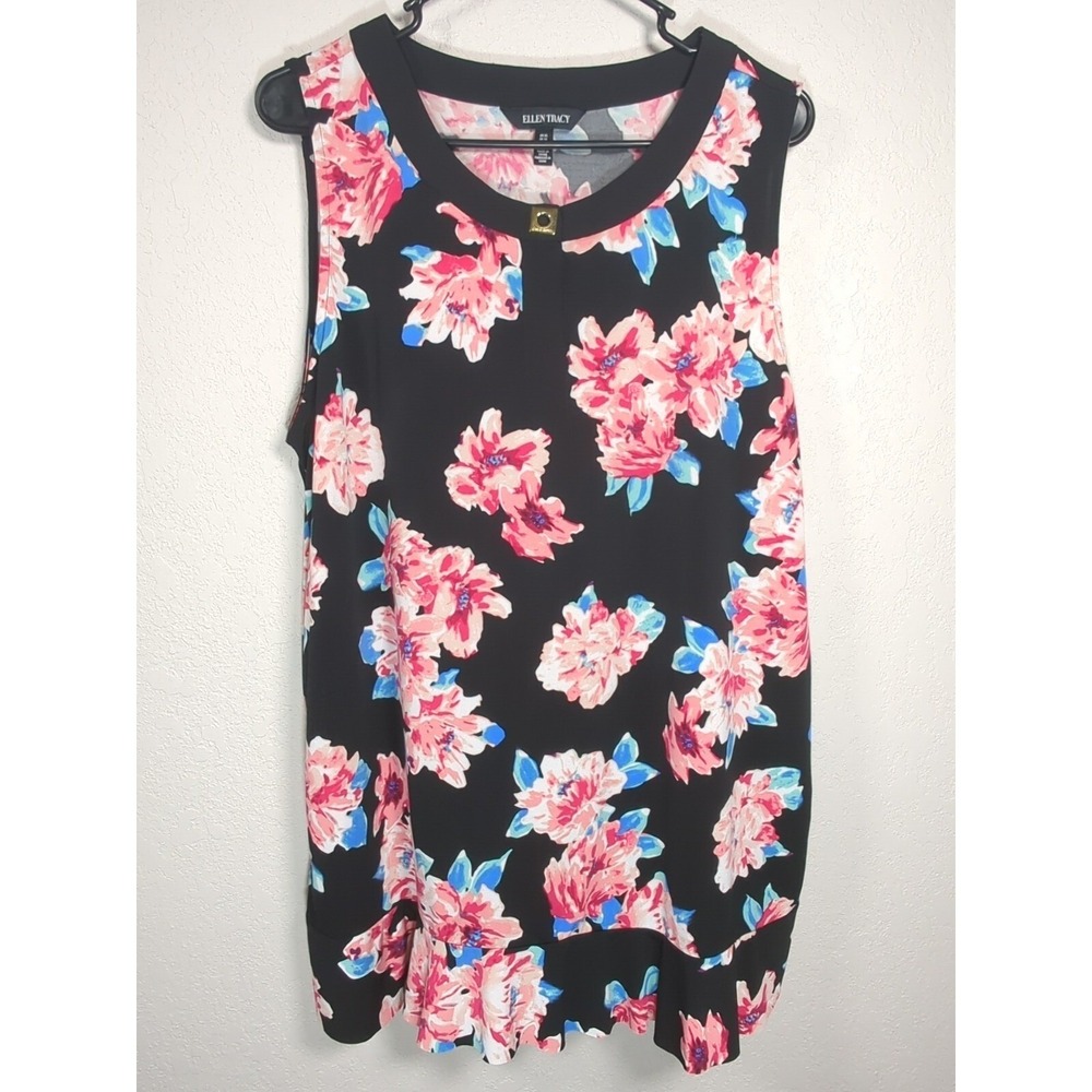 Ellen Tracy Sleeveless Top Women XL Black Pink Floral Ruffle Hem Gold Hardware